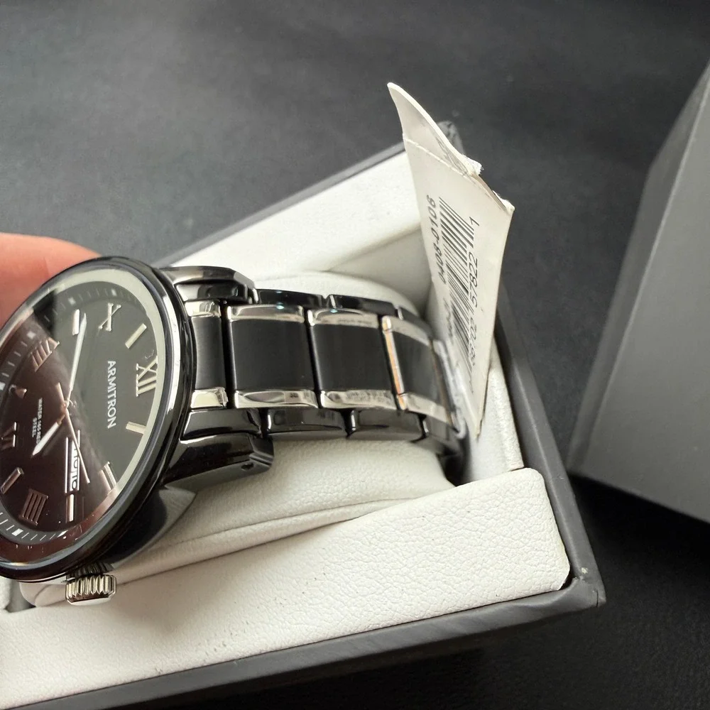 MSRP $95 Armitron Mens 20/4935TB Day/Date Black/Silver‎ Tone Bracelet Watc